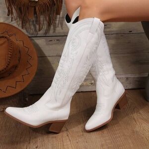 Vintage Embroidered Western Boots, White Over The Knee